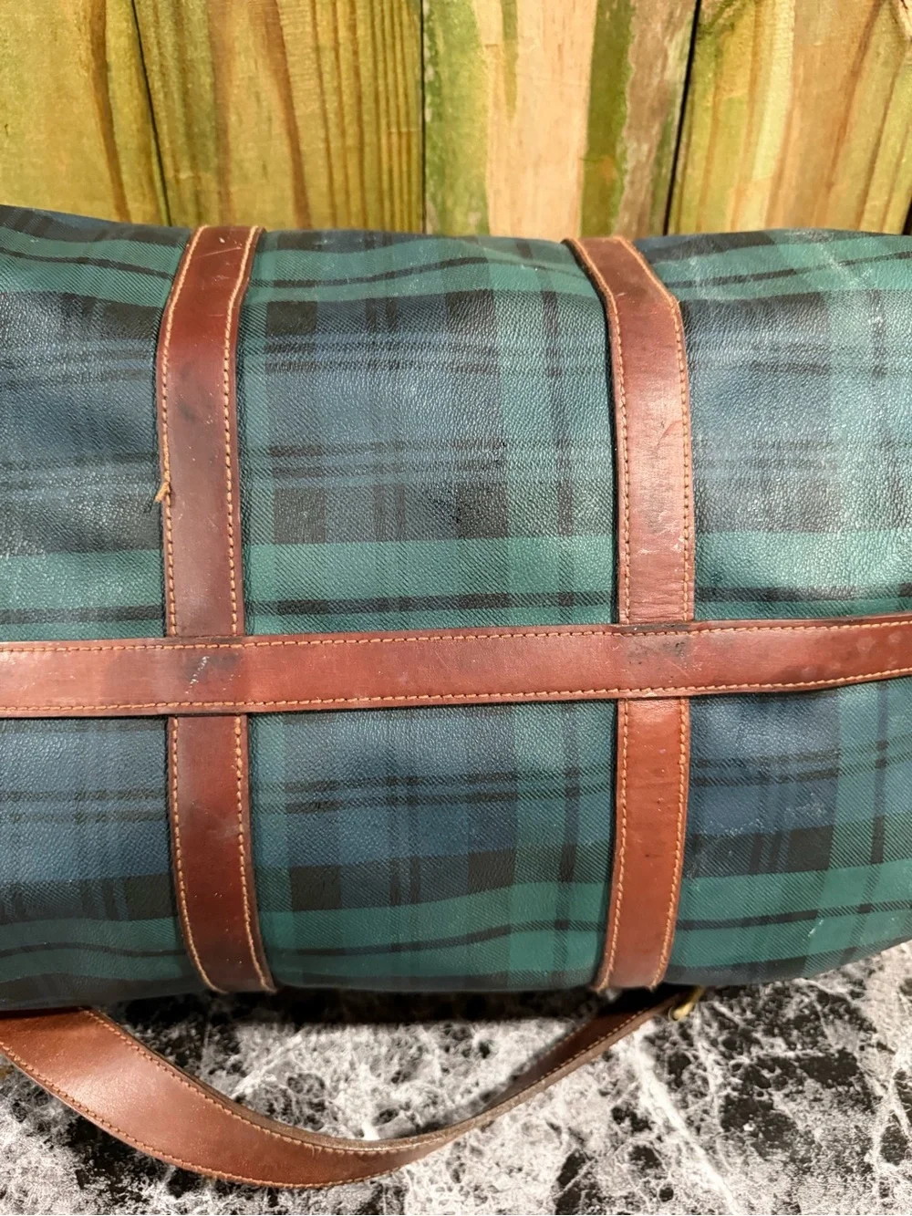 Polo by Ralph Lauren Dark Green and Navy Plaid Leather-Trim Duffel